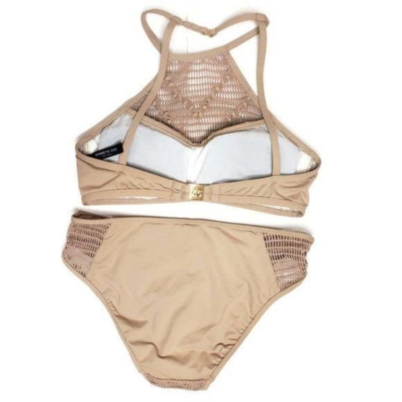 Kenneth Cole NWT nude cream bikini hight waist high neckline crocket knit small - Picture 5 of 7